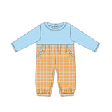 Light blue long sleeves pocket plaid baby boy romper