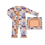 Purple bow stripe pumpkin baby girls fall zipper romper