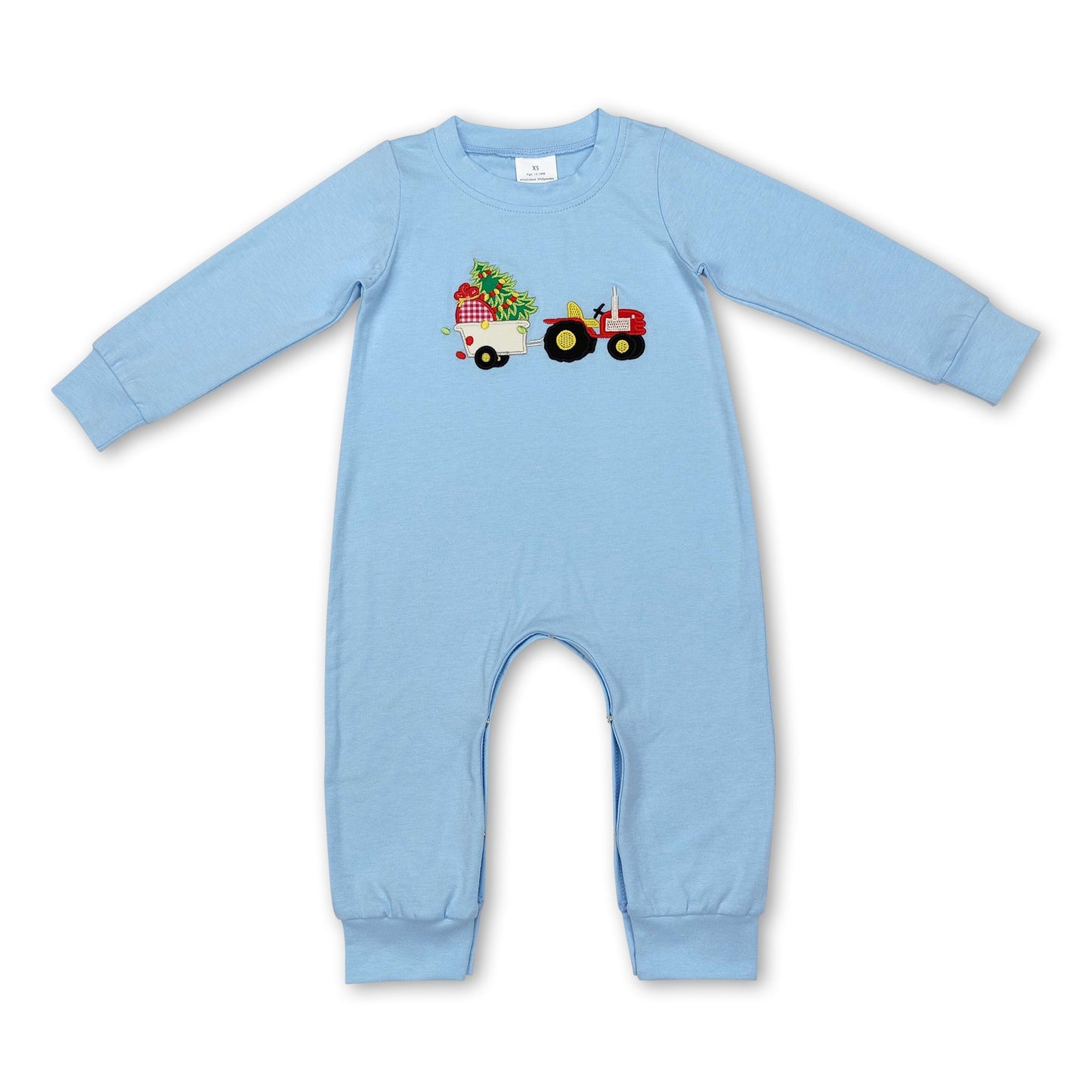 Light blue Christmas tree truck baby boy romper