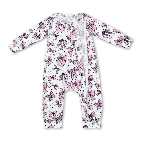 Long sleeves pink bow baby girls zipper romper