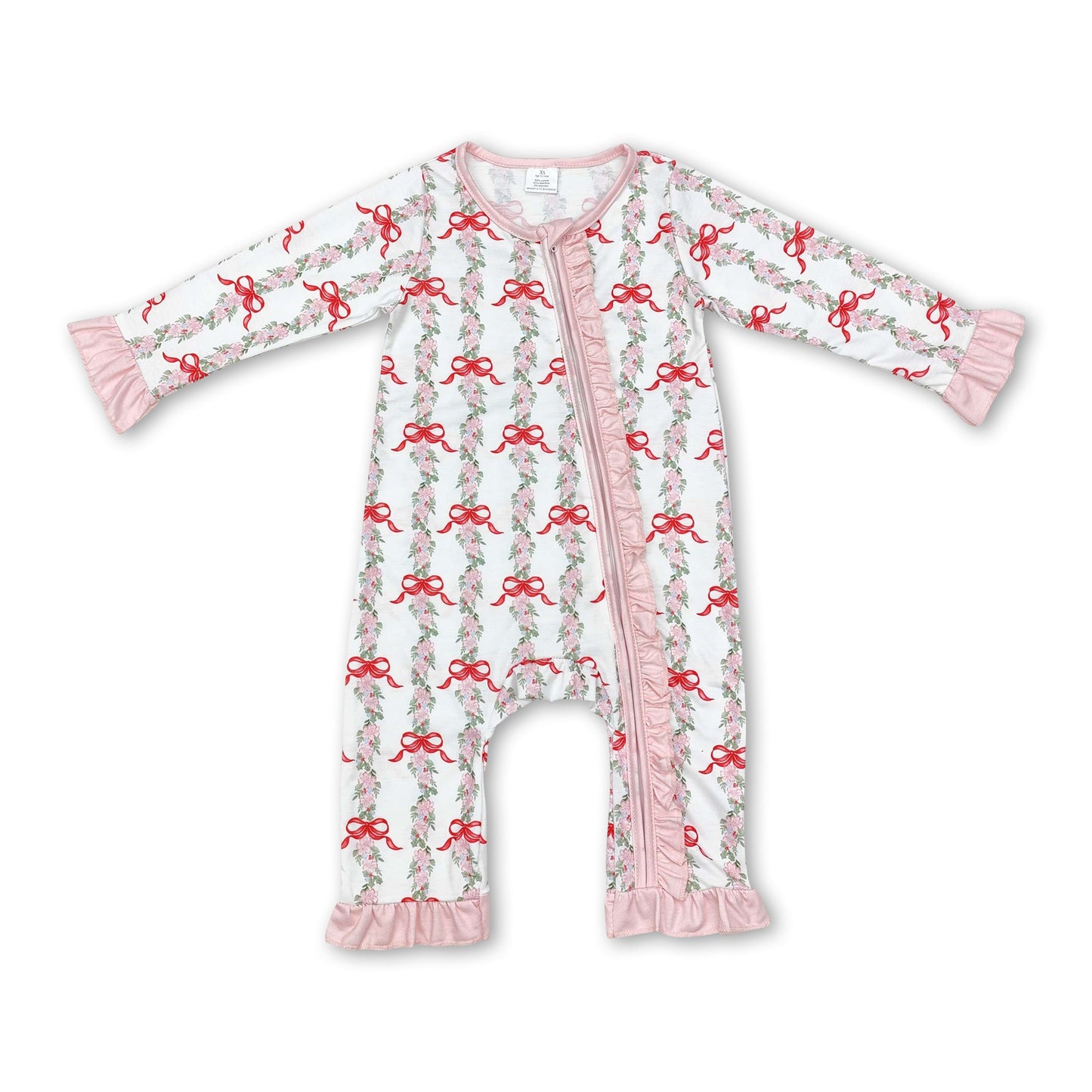 Pink bow floral ruffle baby girls bamboo zipper romper