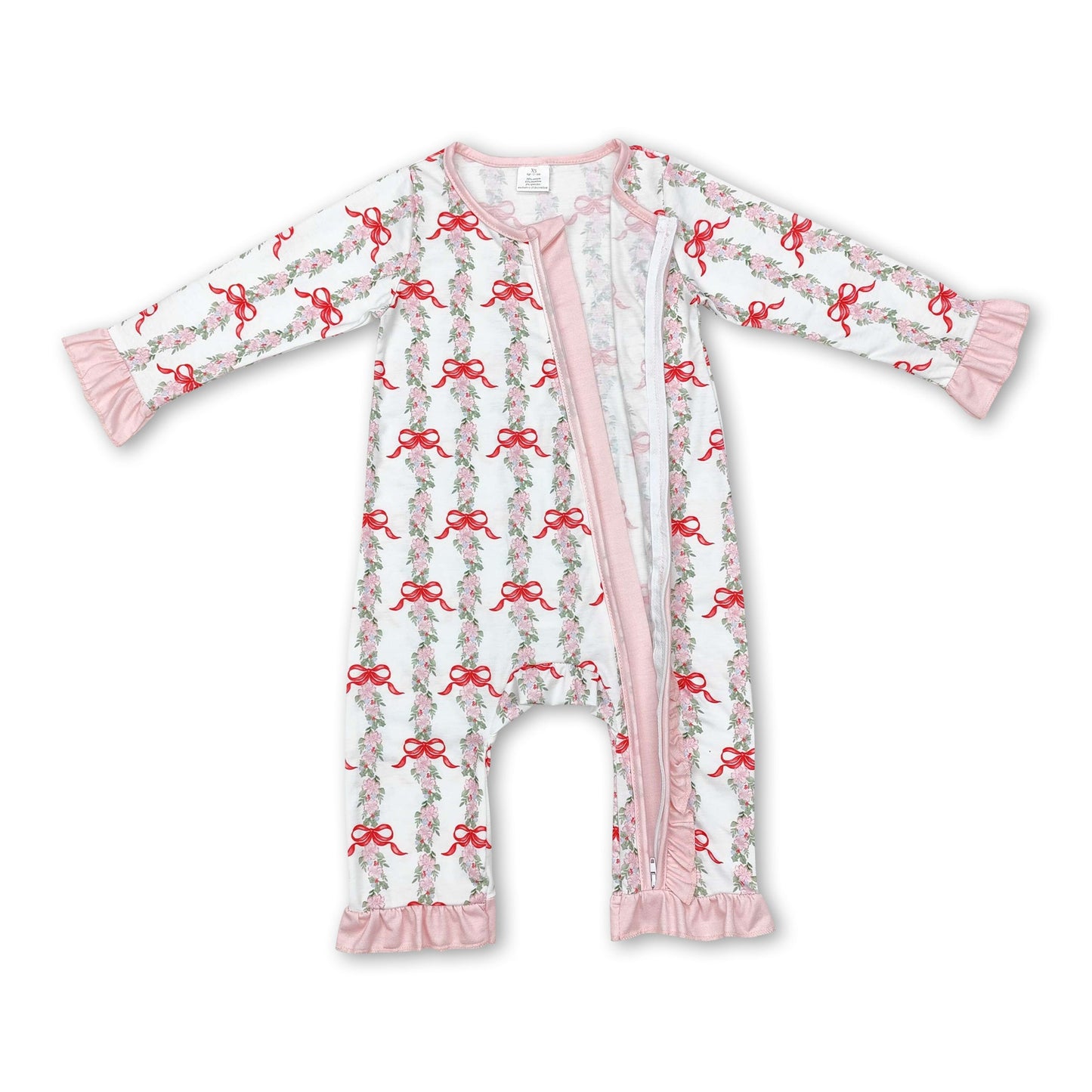 Pink bow floral ruffle baby girls bamboo zipper romper