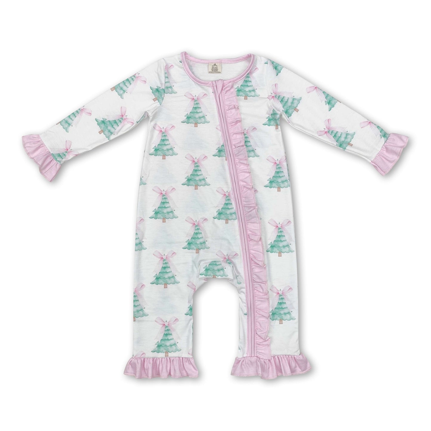 Pink bow Christmas tree baby girls bamboo zipper romper