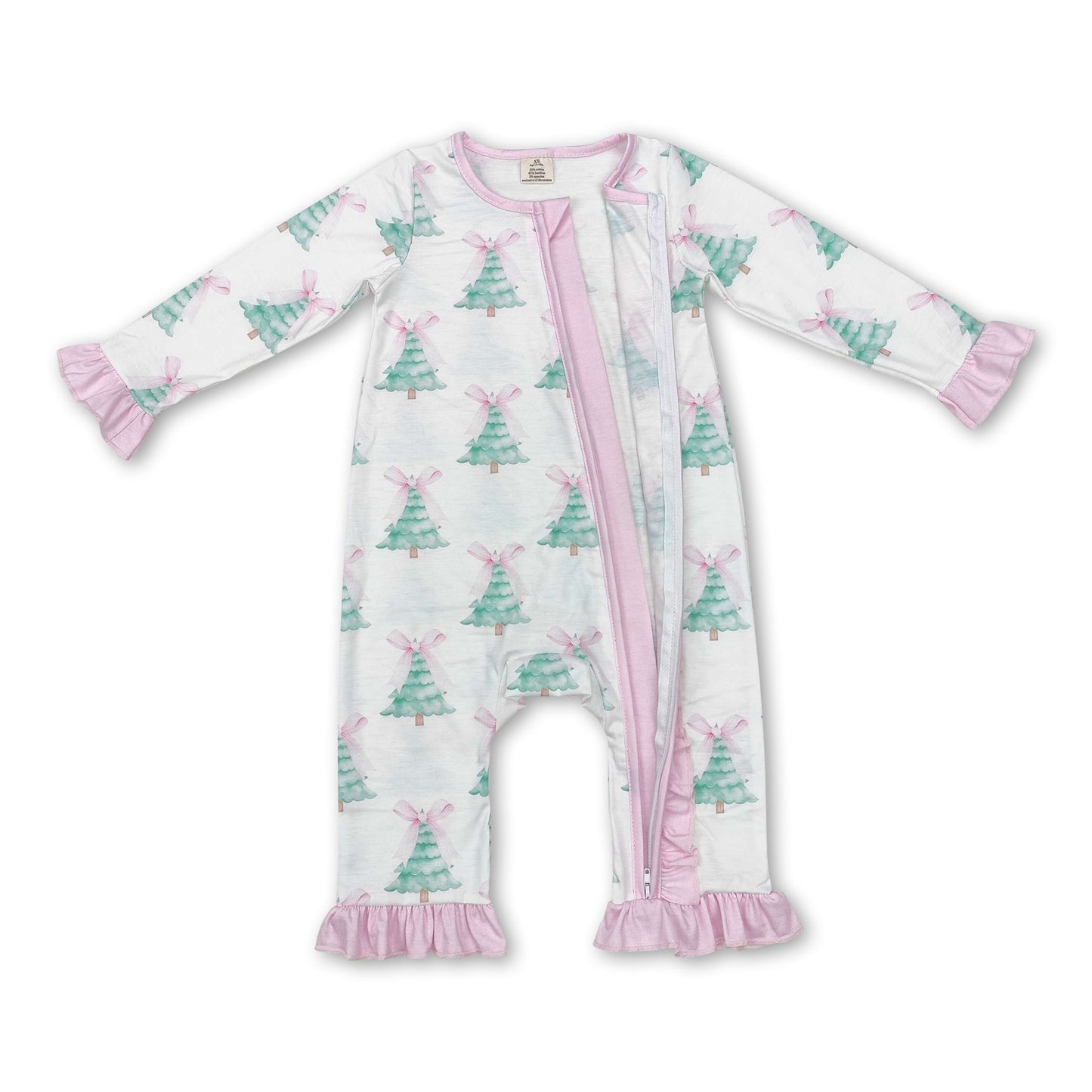 Pink bow Christmas tree baby girls bamboo zipper romper