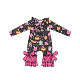 Pink ruffle floral ghost pumpkin girls Halloween romper