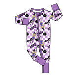 Purple long sleeves plaid bat party girls zipper romper