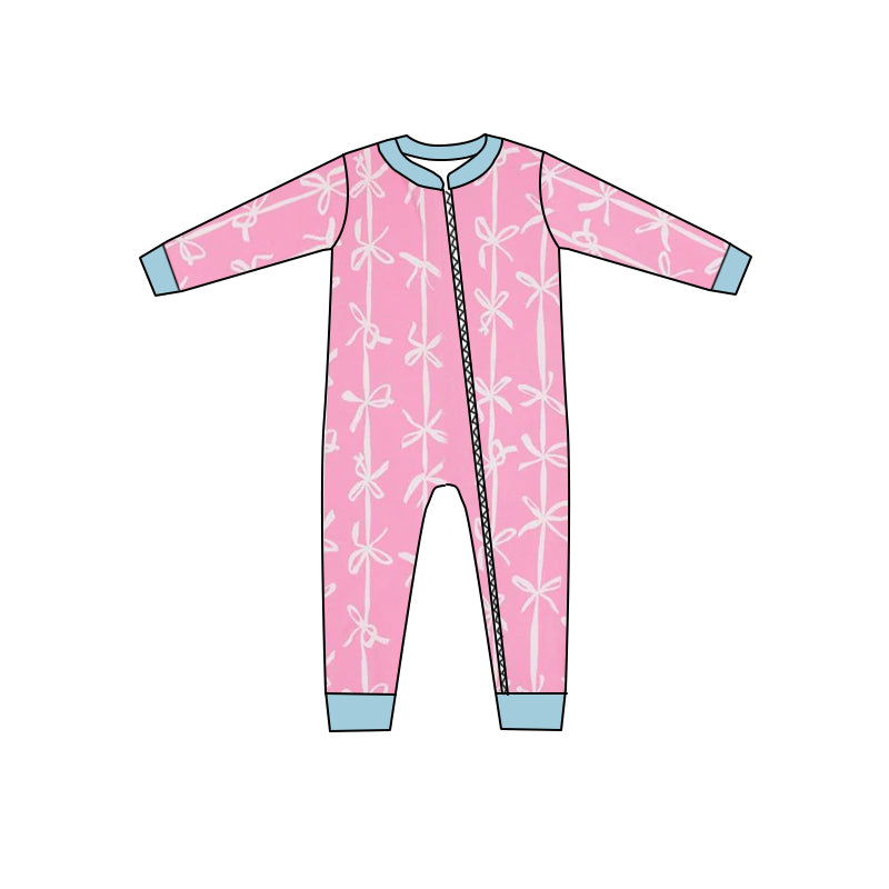 Light blue long sleeves pink bow baby girls zipper romper