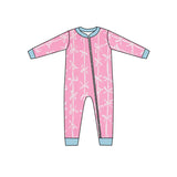 Light blue long sleeves pink bow baby girls zipper romper