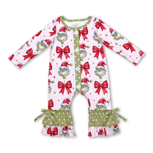 Red bow green face ruffle baby girls Christmas romper