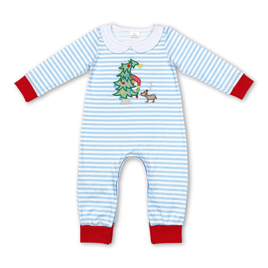 Light blue stripe Christmas tree baby boy romper