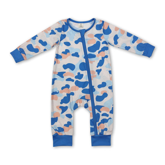 Blue camo long sleeves baby boy zipper romper