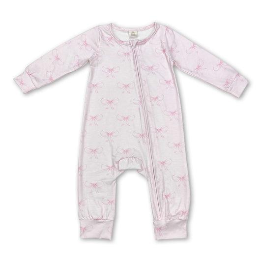 Pink bow long sleeves baby girls bamboo zipper sleeper