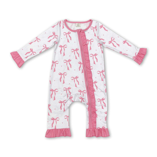 Long sleeves pink bow baby girls zipper romper