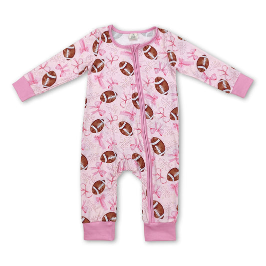 Pink bow football baby girls zipper romper