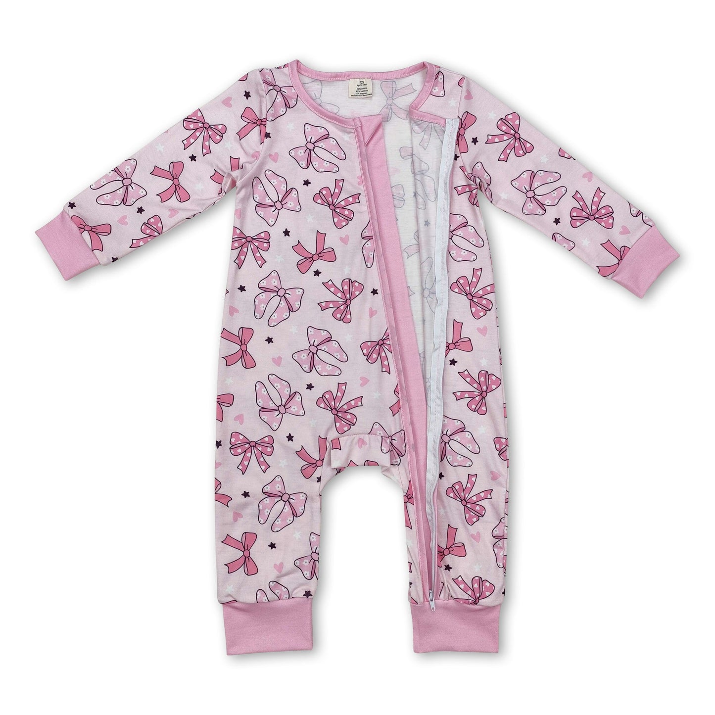 Long sleeves pink bow heart baby girls zipper sleeper