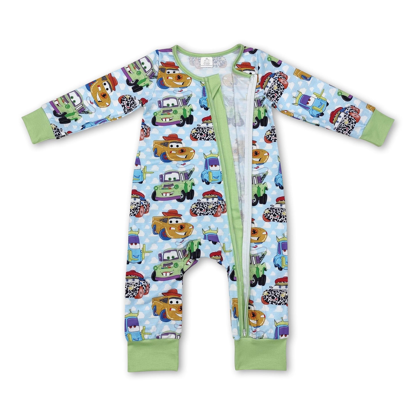 Green long sleeves toy cars baby kids zipper romper