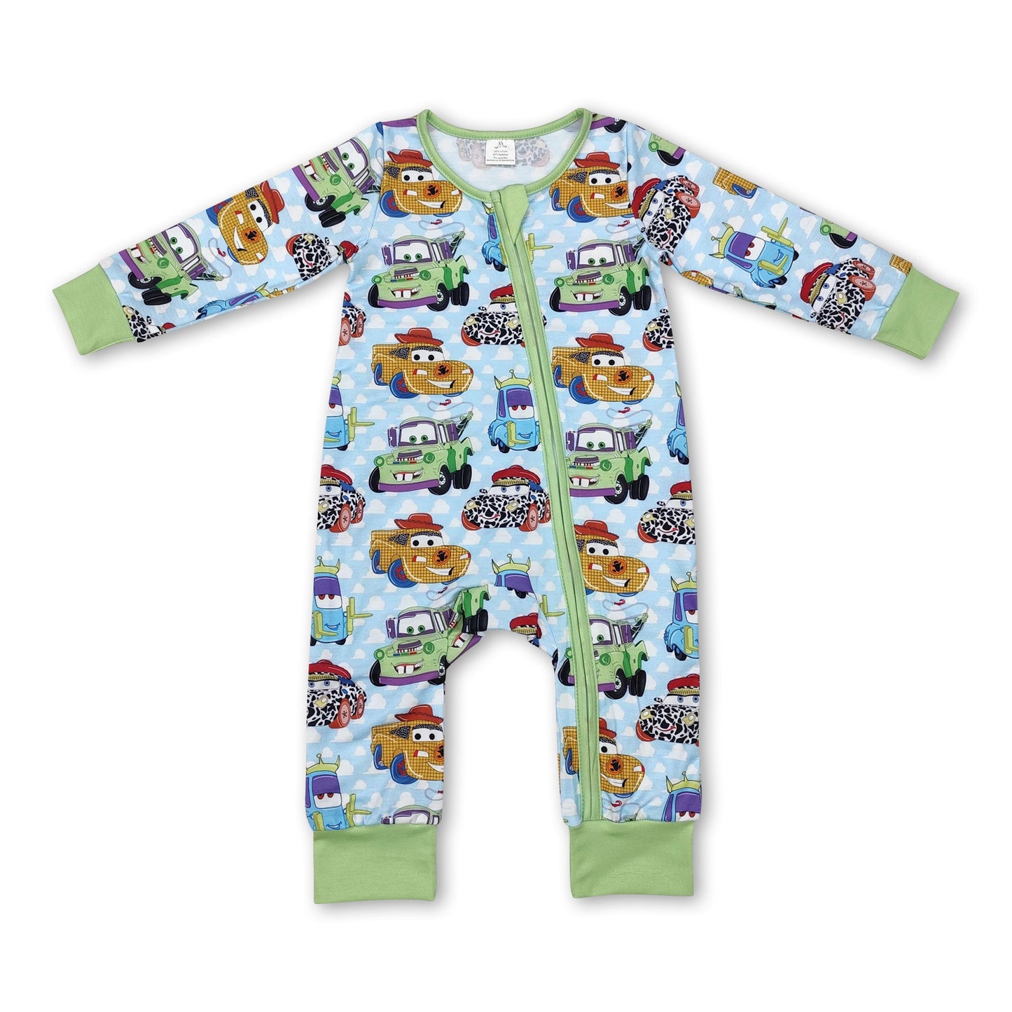 Green long sleeves toy cars baby kids zipper romper