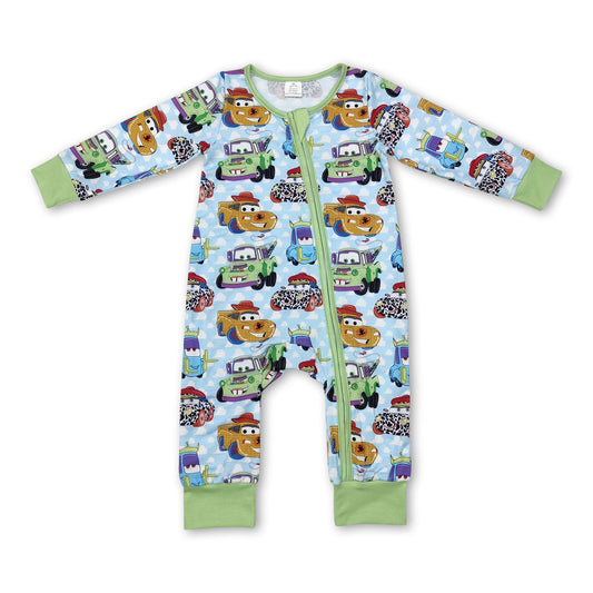 Green long sleeves toy cars baby kids zipper romper