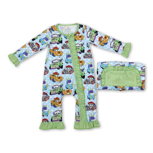 Green long sleeves toy cars baby girls zipper romper