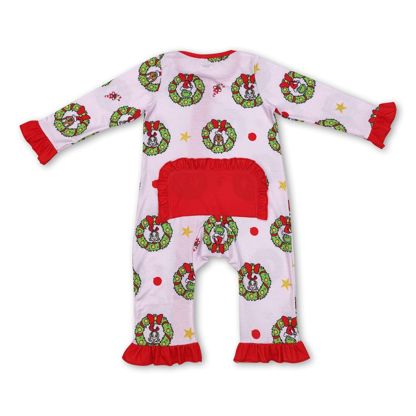 Pink green face ruffle baby girl Christmas zipper romper