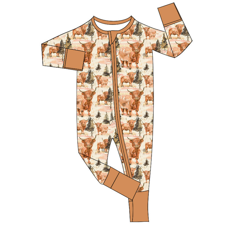 Long sleeves highland cow trees baby kids zipper romper