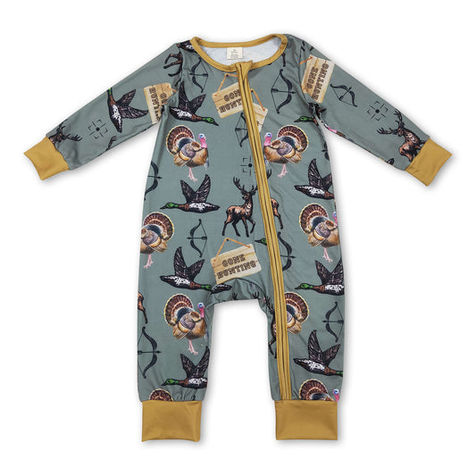 Gone hunting duck deer turkey baby boy zipper romper