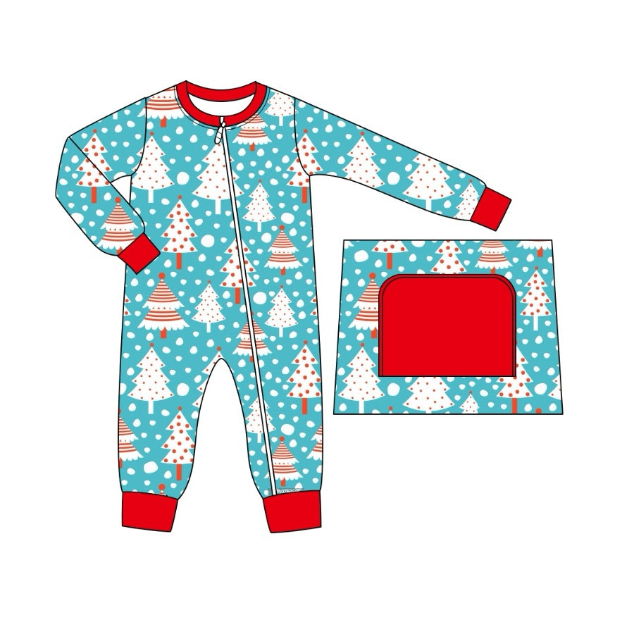 Light blue snow Christmas tree baby boy zipper romper