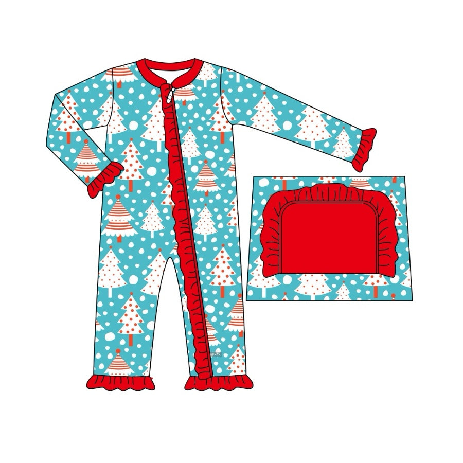 Light blue snow Christmas tree baby girl zipper romper