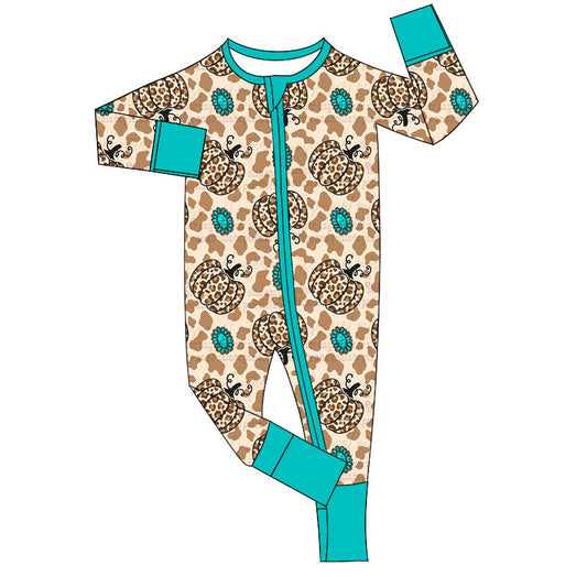 Turquoise cow leopard pumpkin baby fall zipper romper