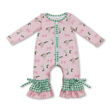 Green plaid ruffle duck bow baby girls romper