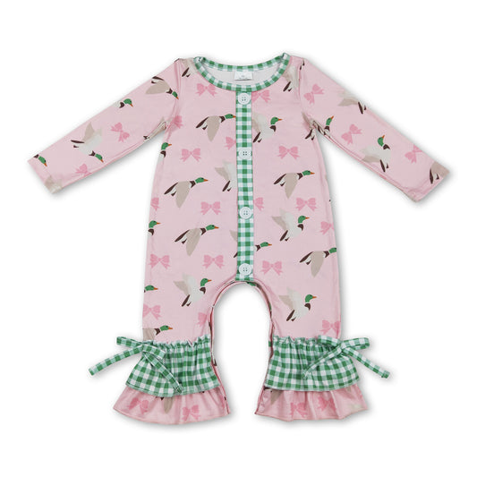 Green plaid ruffle duck bow baby girls romper