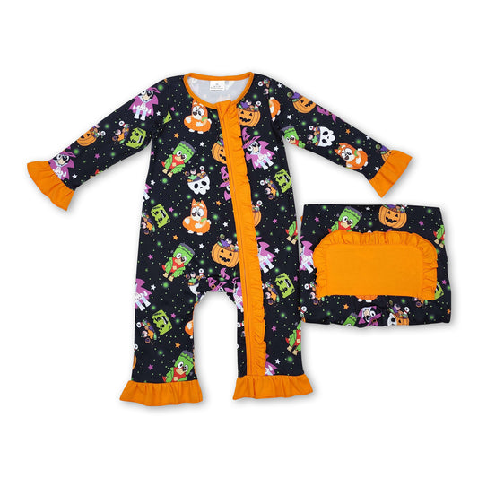 Pumpkin dog witches baby girls Halloween zipper romper