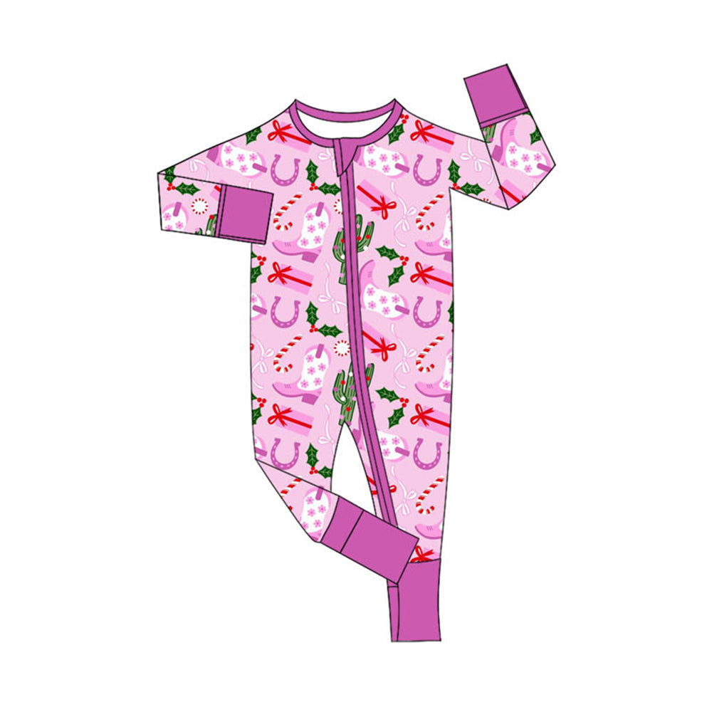 Pink boots candy cane gift baby western Christmas zipper romper