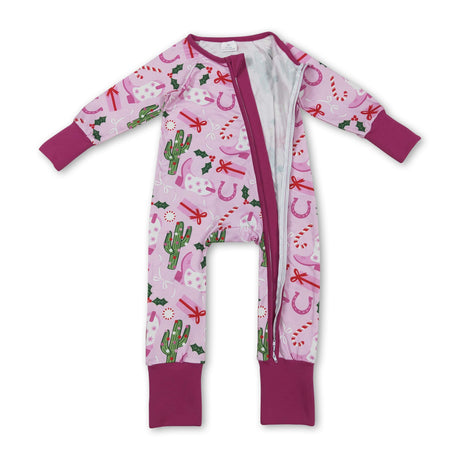 Pink boots candy cane gift baby western Christmas zipper romper