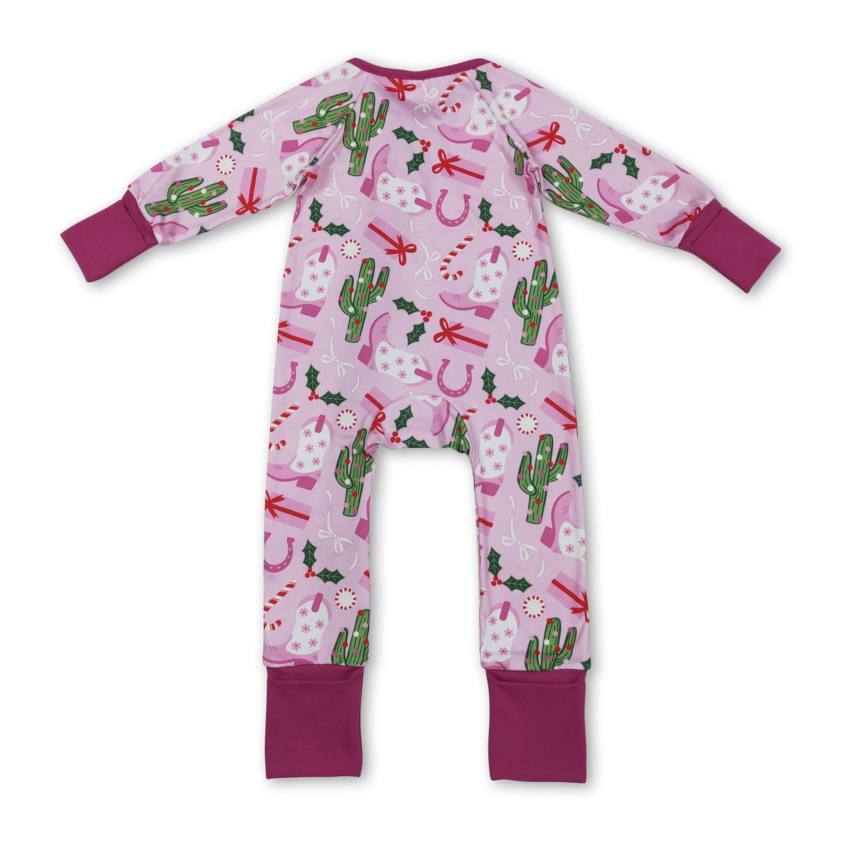 Pink boots candy cane gift baby western Christmas zipper romper