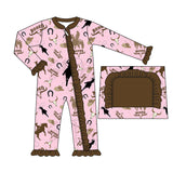 Pink bull skull horse rodeo western baby zipper romper