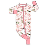 Pink cows cactus boots baby western zipper romper