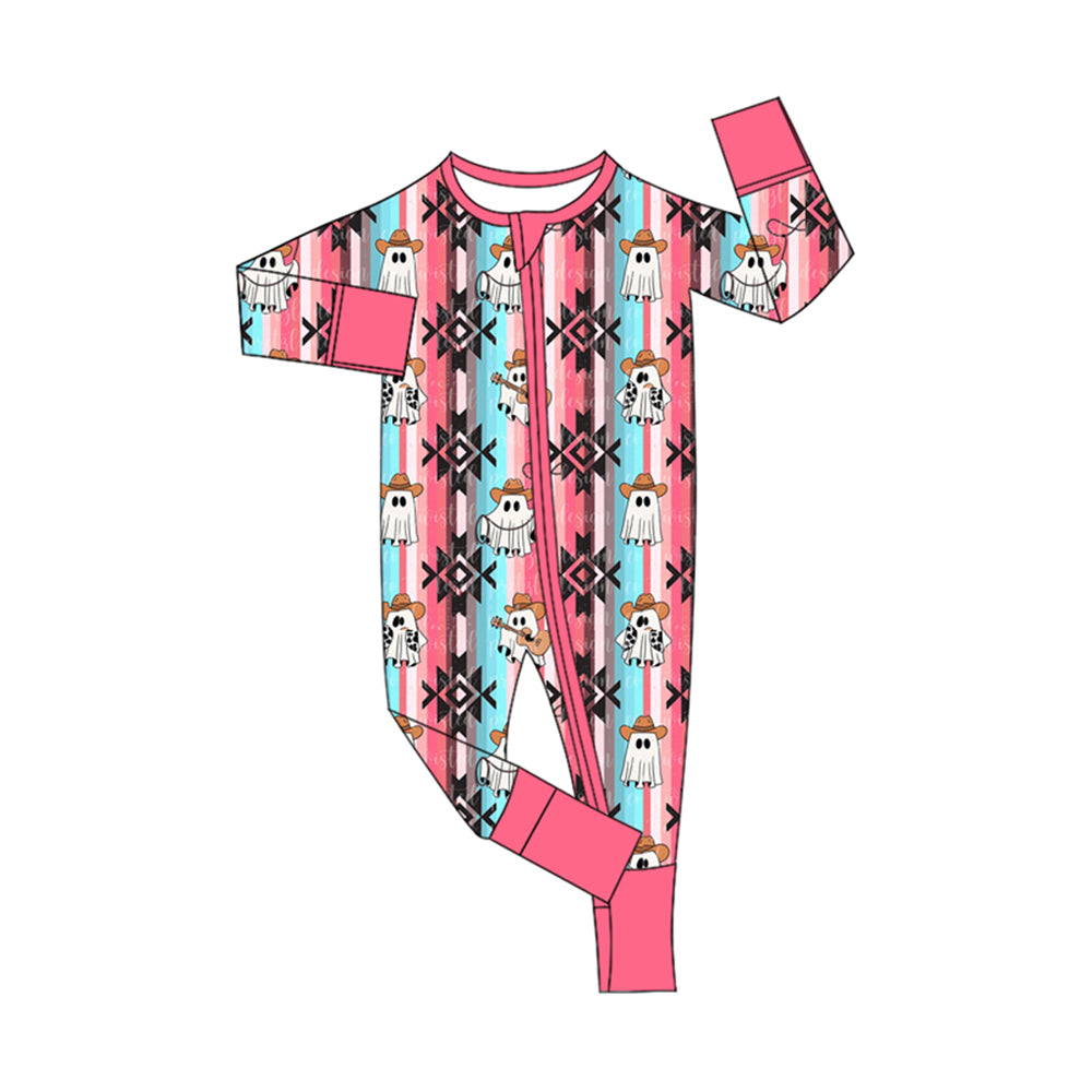 Pink aztec ghost western baby Halloween zipper romper