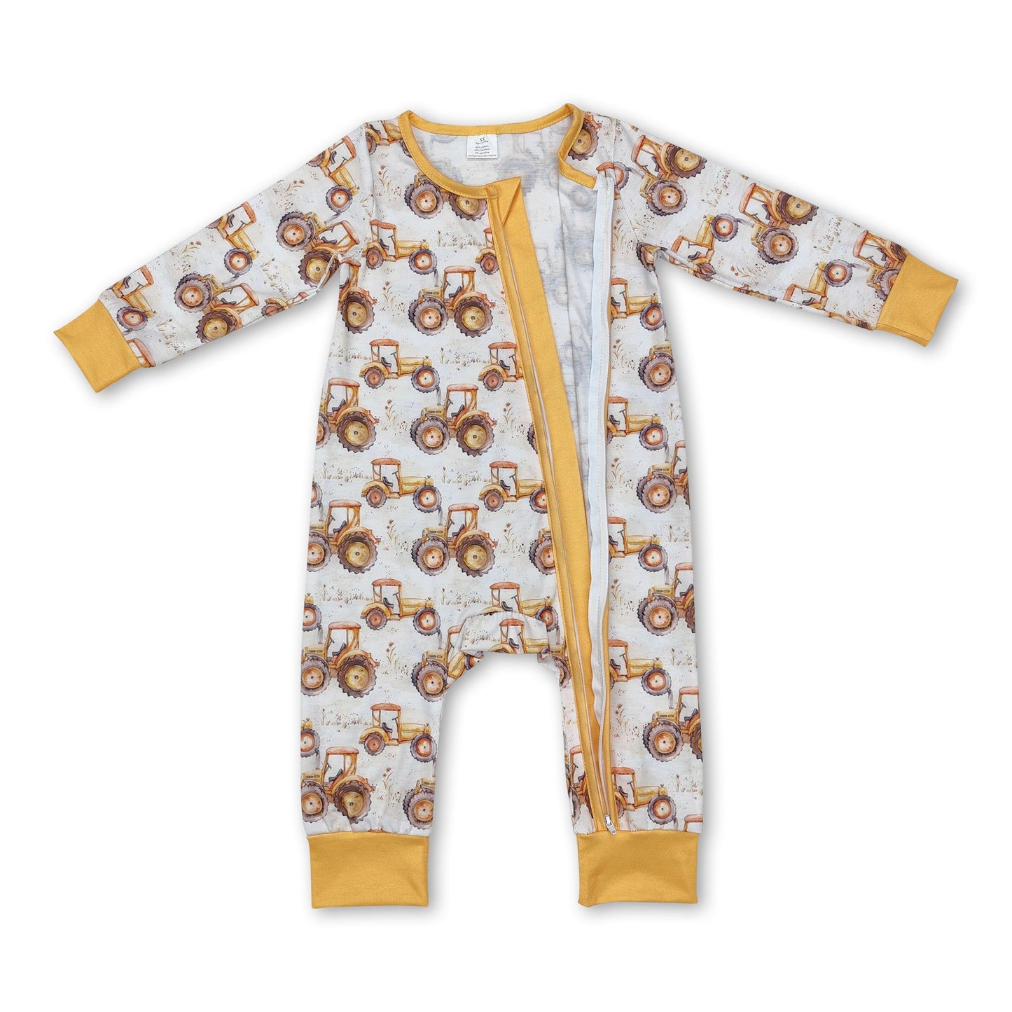 Yellow long sleeves tractor farm baby fall zipper romper