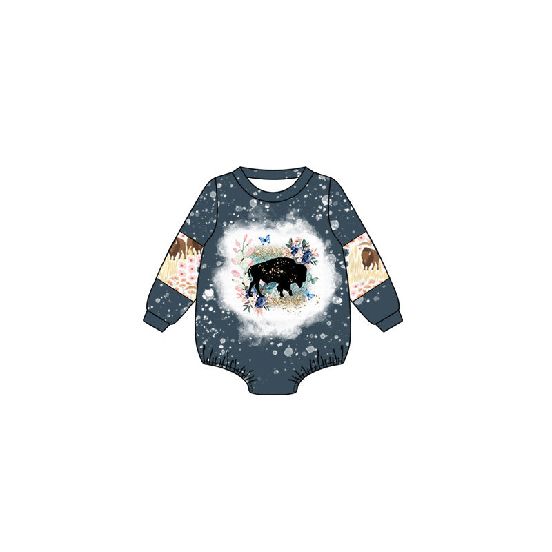 Long sleeves cow floral baby girls western romper