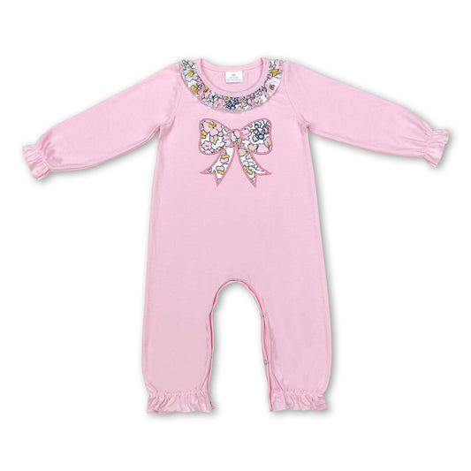 Pink bow ruffle long sleeves baby girls romper