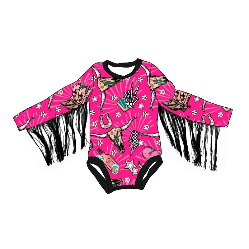 Hot pink bull skull boots hat baby girls western tassels romper