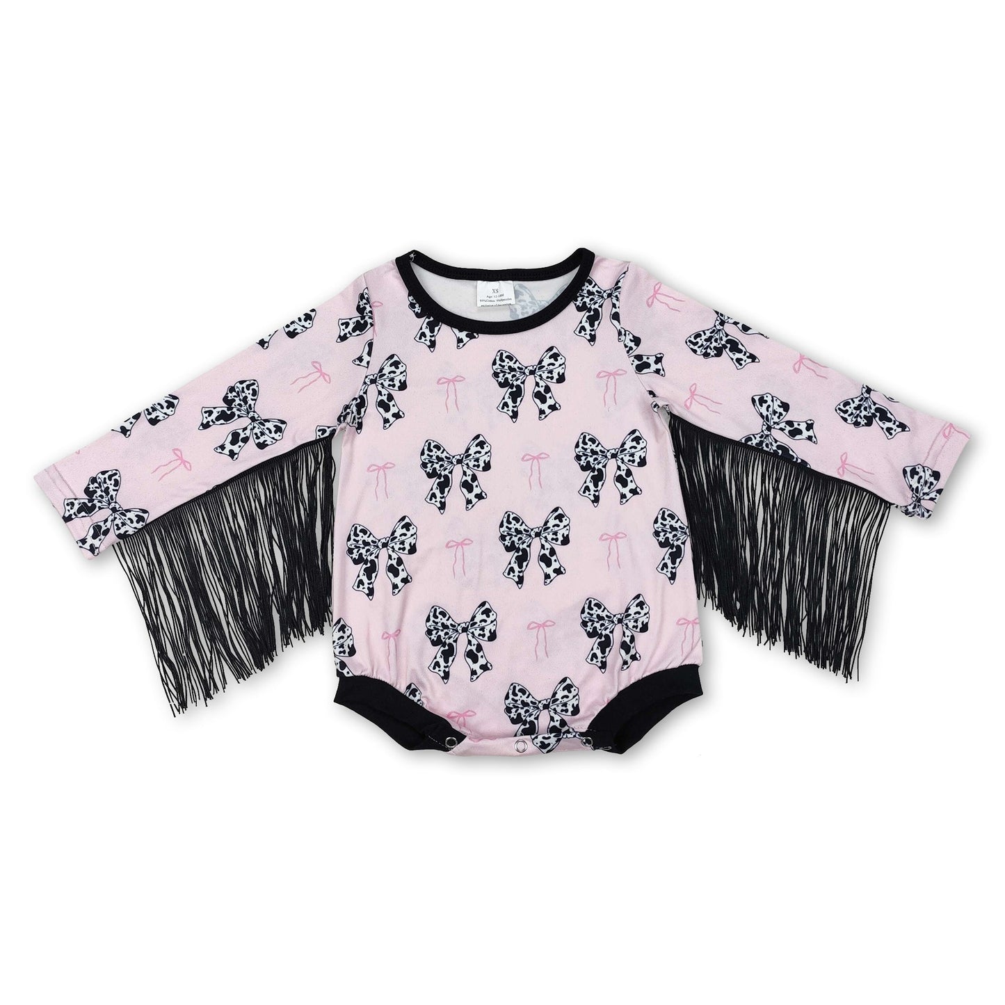 Pink cow print bow baby girls tassels romper