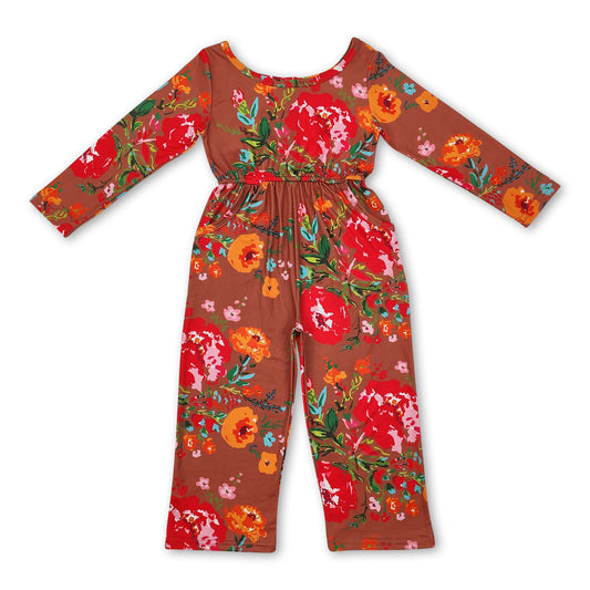 Long sleeves brown floral kids girls jumpsuit