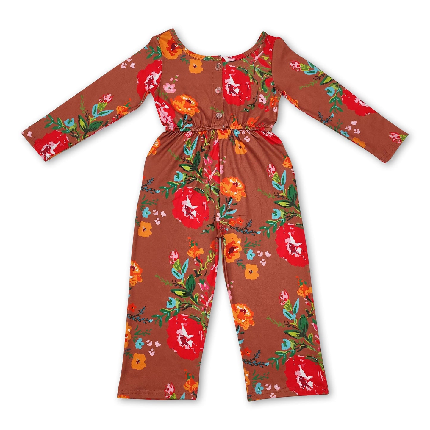 Long sleeves brown floral kids girls jumpsuit