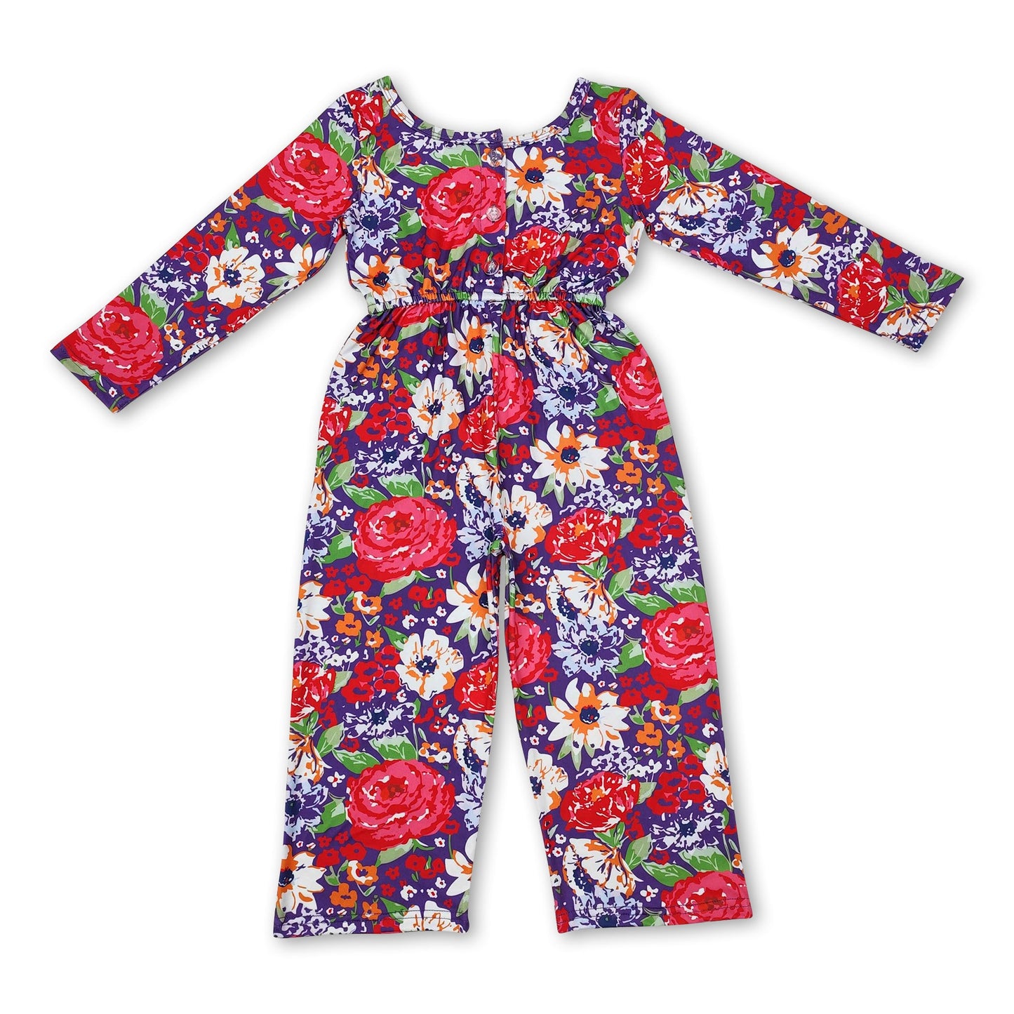 Long sleeves red purple floral kids girls jumpsuit