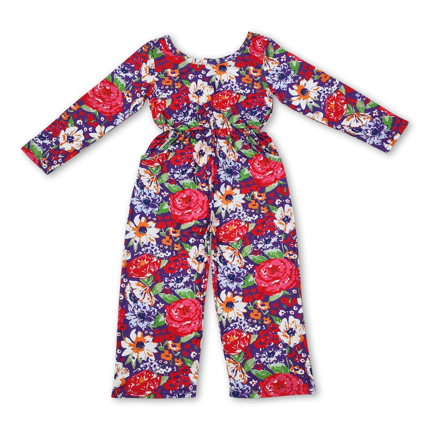 Long sleeves red purple floral kids girls jumpsuit