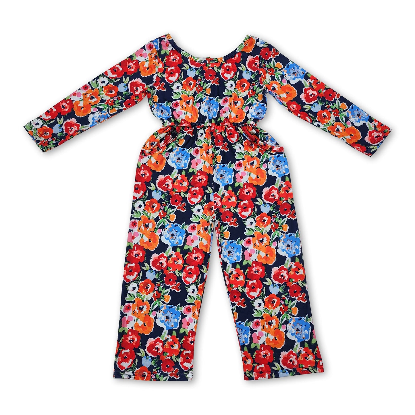 Long sleeves blue orange floral kids girls jumpsuit