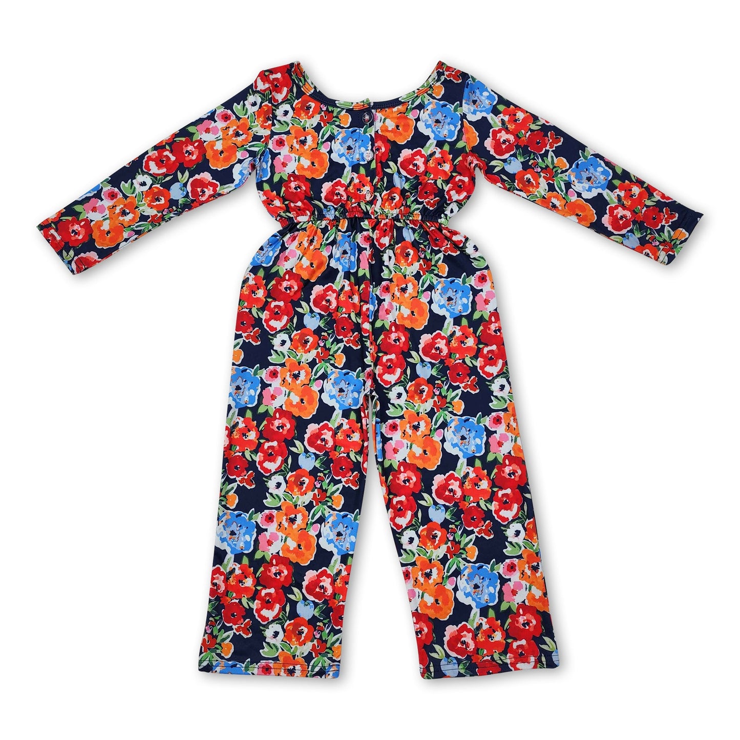 Long sleeves blue orange floral kids girls jumpsuit