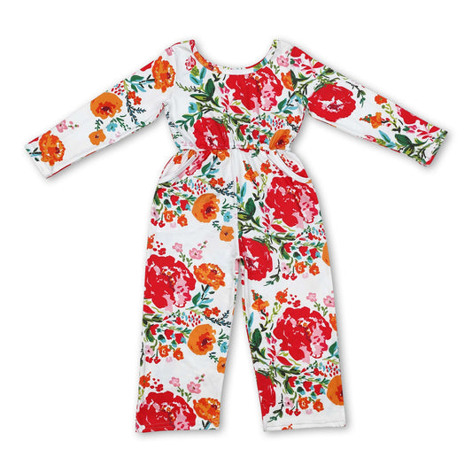 Long sleeves red orange floral kids girls jumpsuit